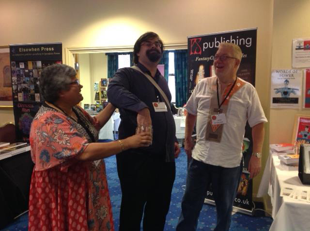 Ritchie Valentine Smith (right) at UK Fantasycon 2017 as Adrian Tchaikovsky (centre) draws our raffle ticket - Adrian won the Best Fantasy Novel award soon after